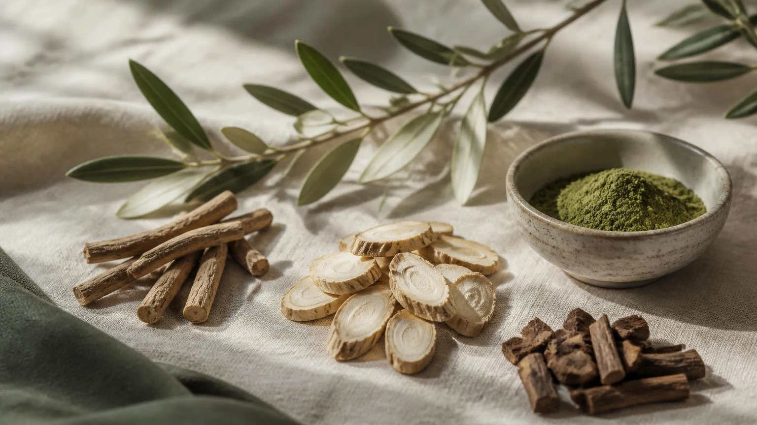 Dried ashwagandha root, sliced ginseng and eleuthero bark on cream linen beside a bowl of green powder