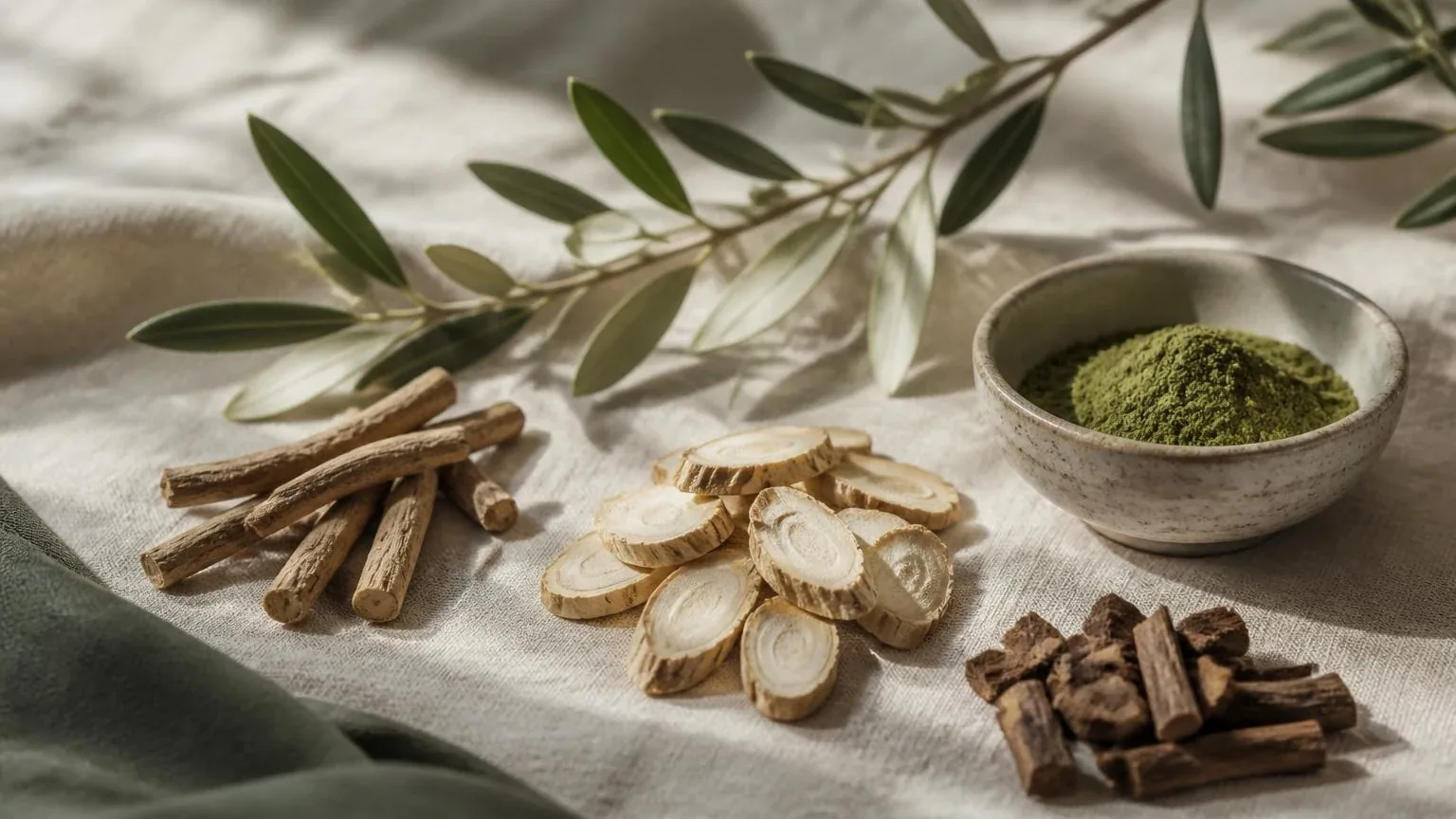 Dried ashwagandha root, sliced ginseng and eleuthero bark on cream linen beside a bowl of green powder