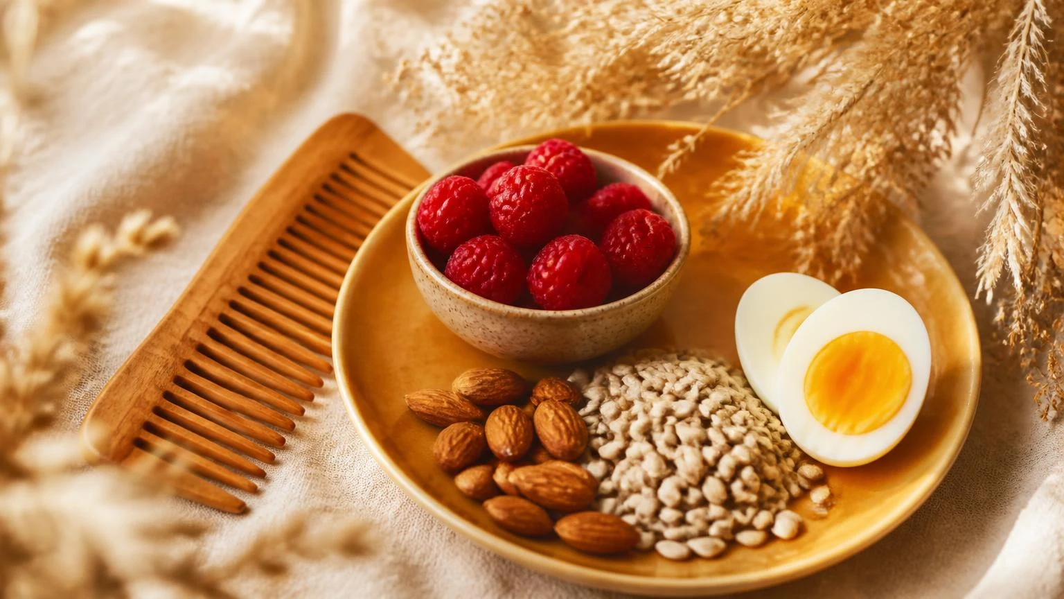 Wooden comb beside raspberries, almonds, sunflower seeds and a halved egg on a golden plate
