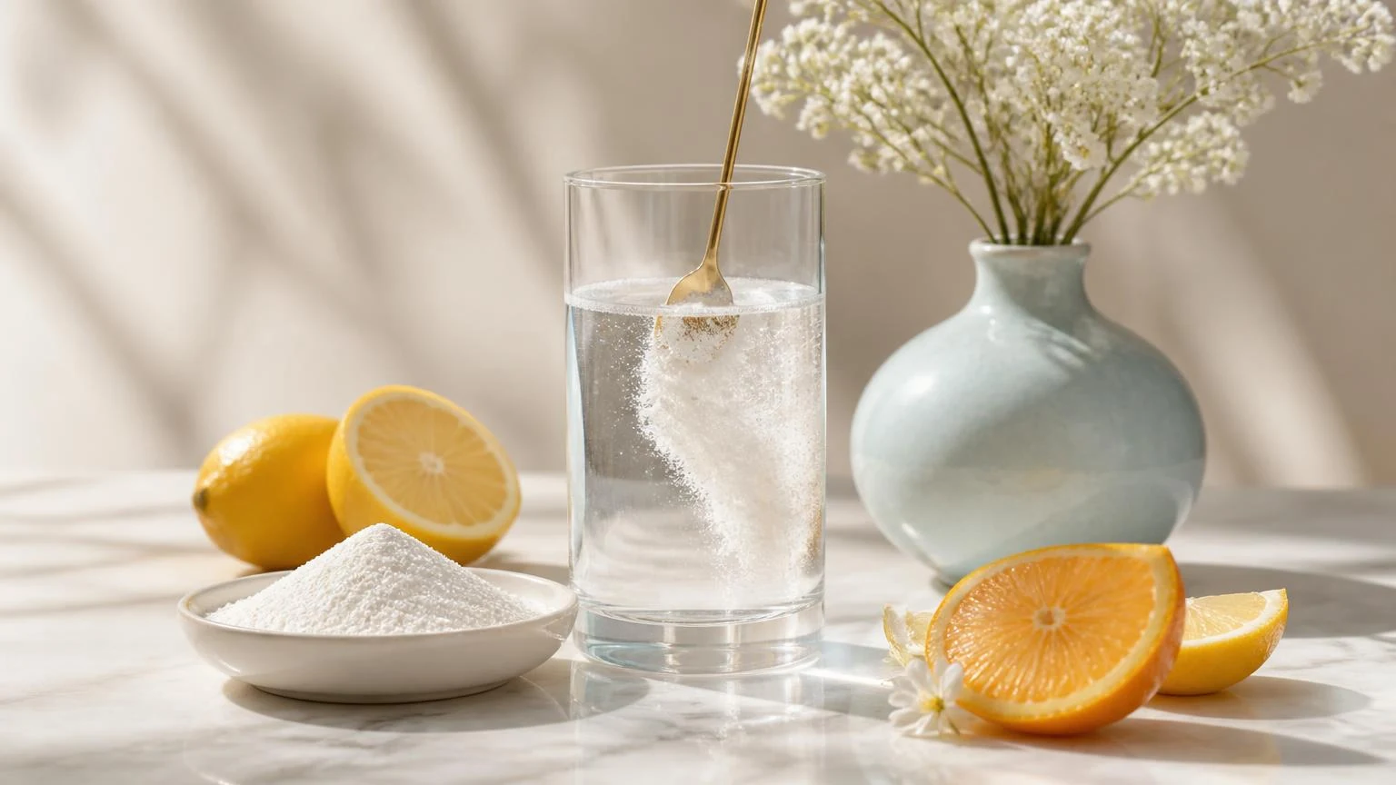 Glass of water with unflavored collagen powder dissolving beside citrus slices and white flowers