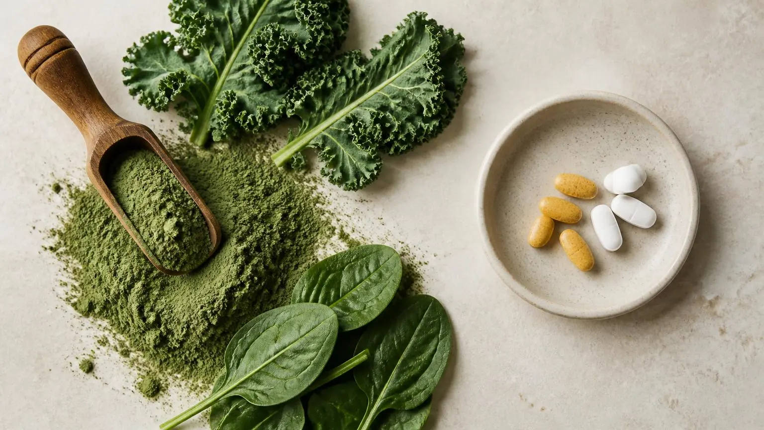 Green superfood powder with a wooden scoop and kale beside a dish of vitamin tablets