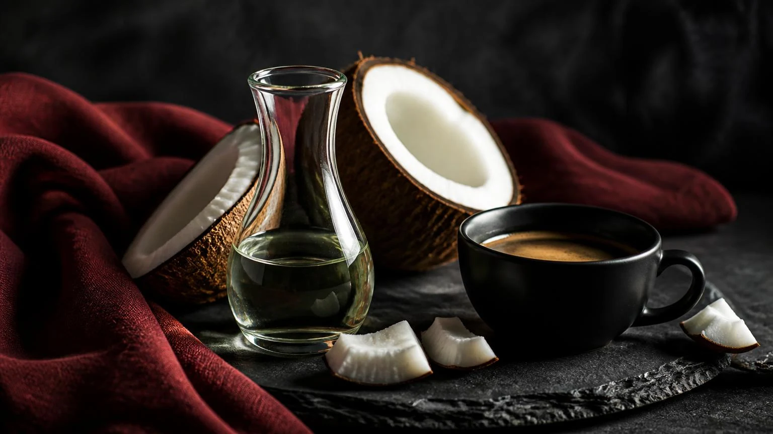 Carafe of clear MCT oil with cracked coconut and a cup of black coffee on dark slate