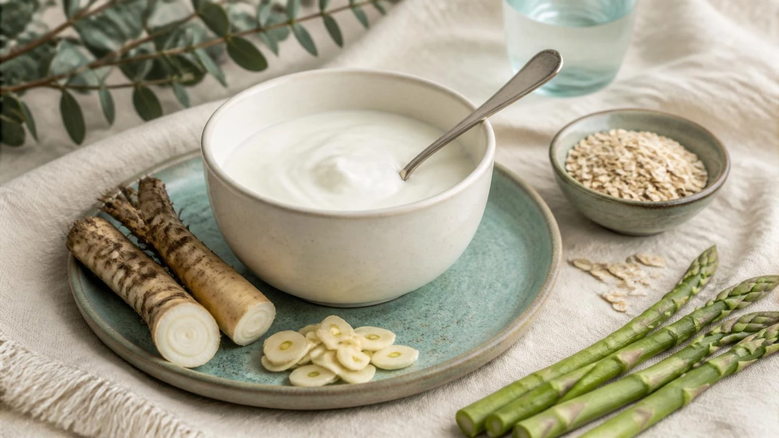 Bowl of plain yogurt with chicory root, garlic, oats and asparagus on cream linen