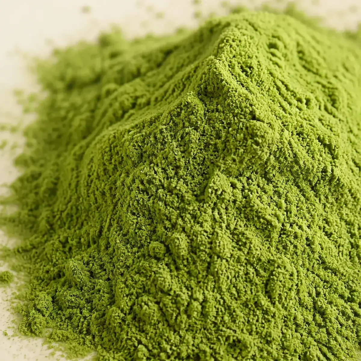 A glass of green juice being stirred on a bright kitchen counter beside fresh spinach