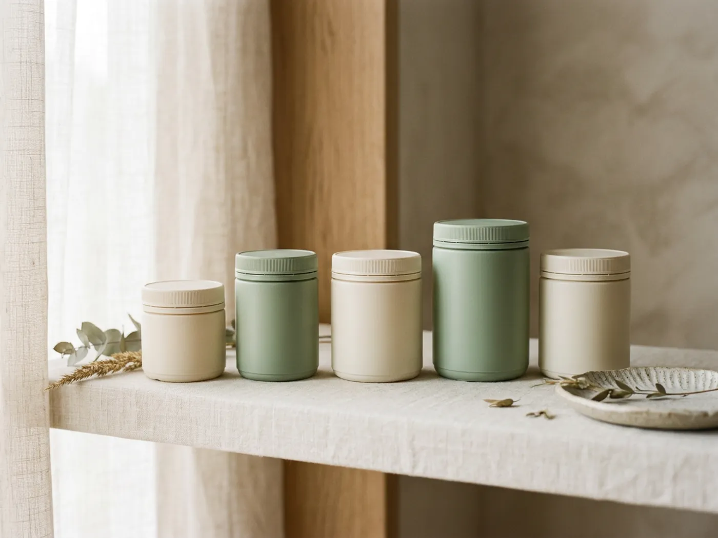 Five plain unbranded greens powder tubs lined up on a linen shelf, illustrating AG1 alternatives compared