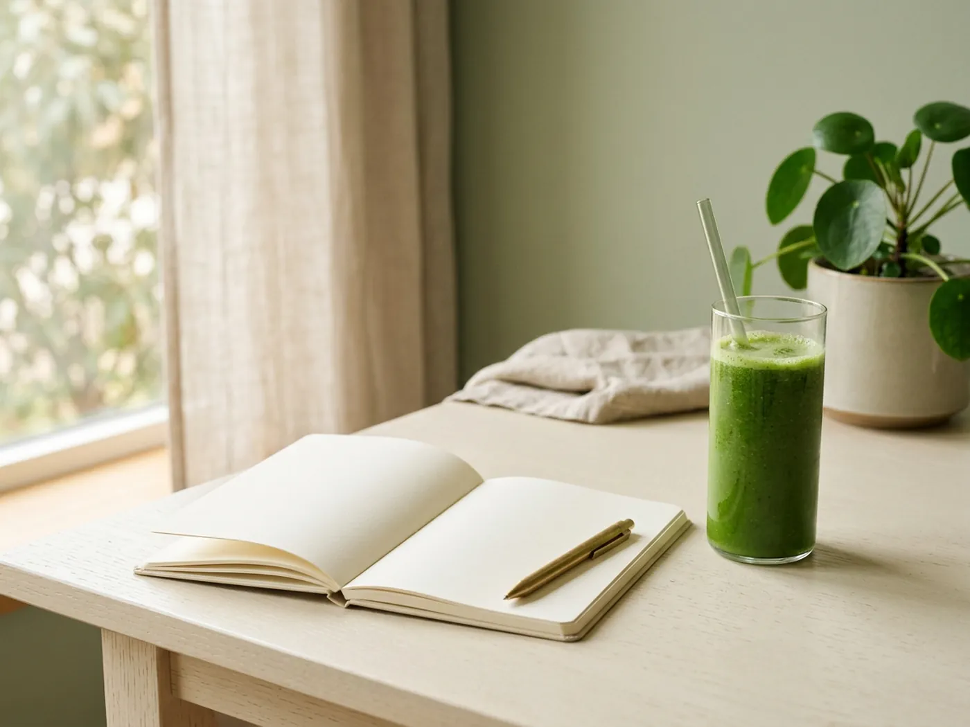 A blank notebook and pen beside a glass of green drink, taking notes while comparing AG1 alternatives
