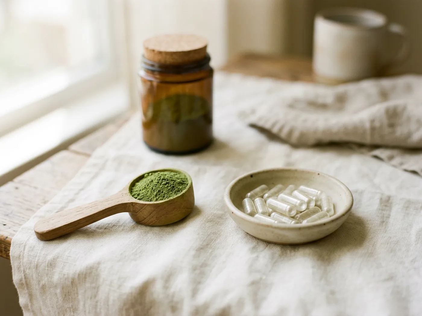 A scoop of green powder beside a dish of capsules for the AG1 vs Balance of Nature powder versus capsules comparison