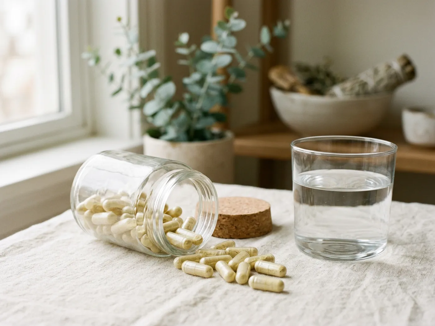Capsules spilling from a glass jar beside a glass of water, comparing Balance of Nature capsules with AG1 powder