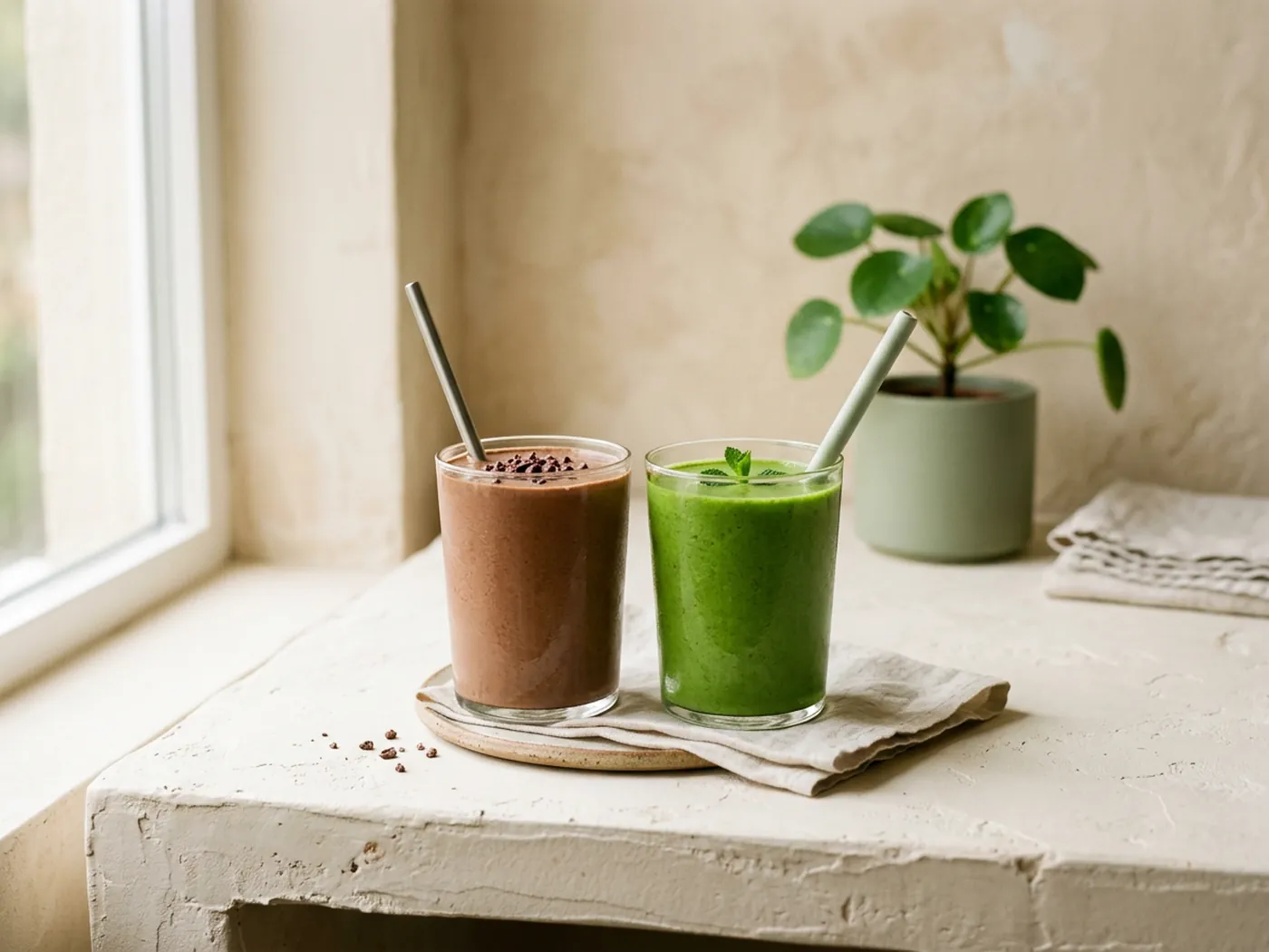 A creamy brown shake beside a green drink for the AG1 vs Ka'Chava greens drink versus meal shake comparison