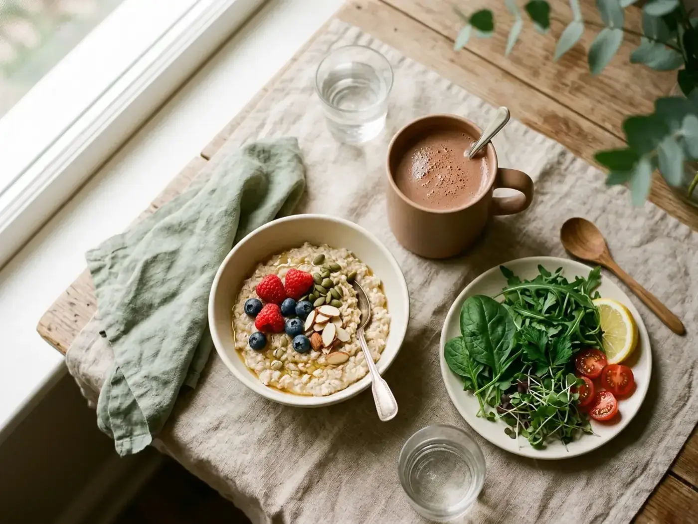 A breakfast flat-lay with a meal shake, oats and greens, comparing AG1 and Ka'Chava as a morning routine