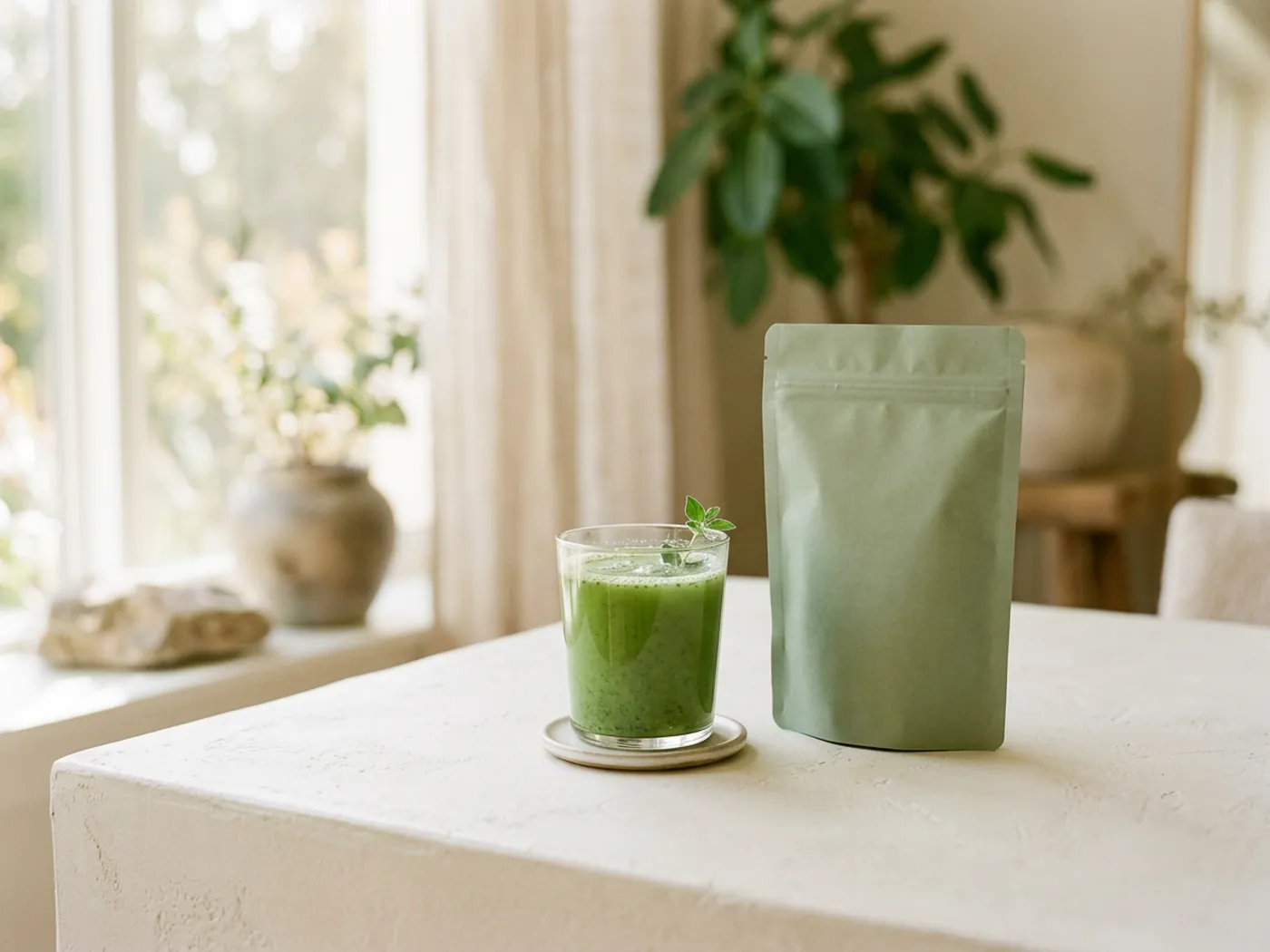 A single glass of green drink beside a plain pouch for the AG1 vs Live it Up Super Greens comparison