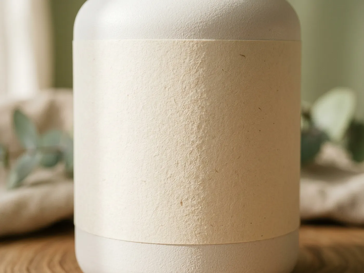 Macro of a blank supplement label panel on a plain tub for the AG1 vs Opti-Greens 50 transparency comparison