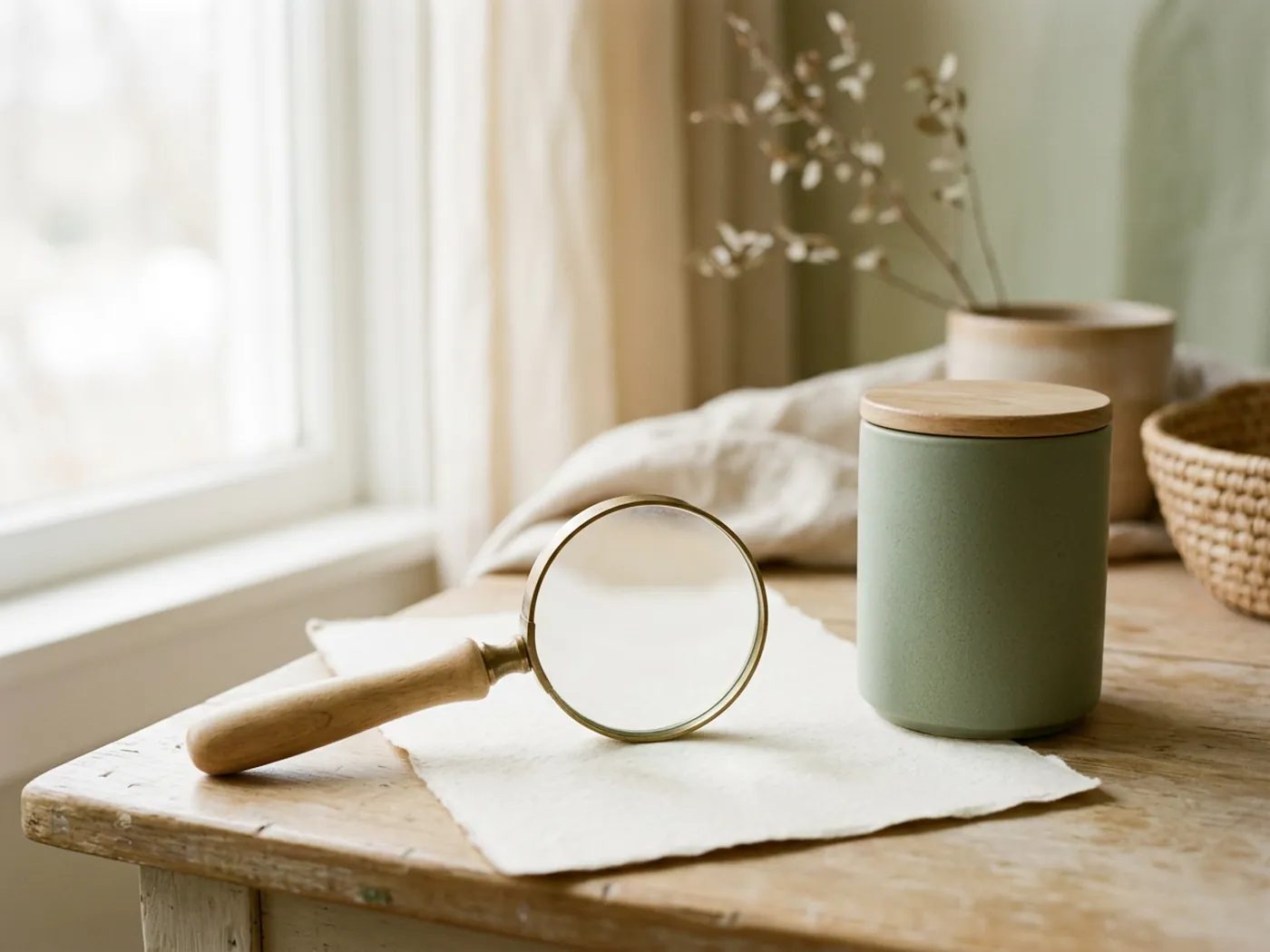 A magnifying glass on blank paper beside a plain tub, illustrating label scrutiny in AG1 vs Opti-Greens 50