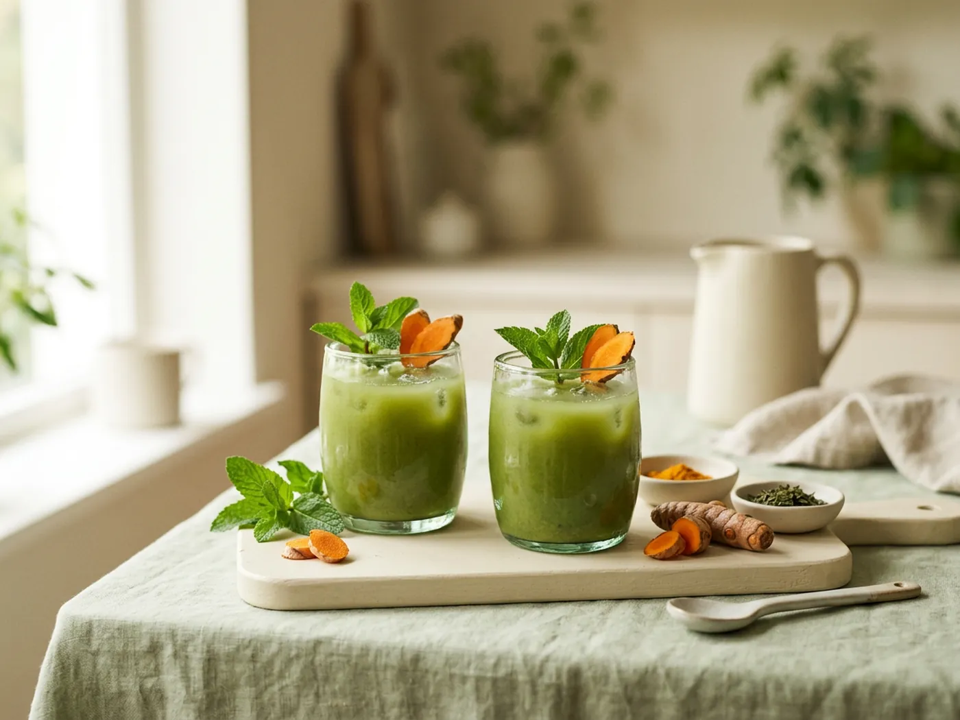 Two glasses of green juice with turmeric root and mint for the AG1 vs Organifi comparison