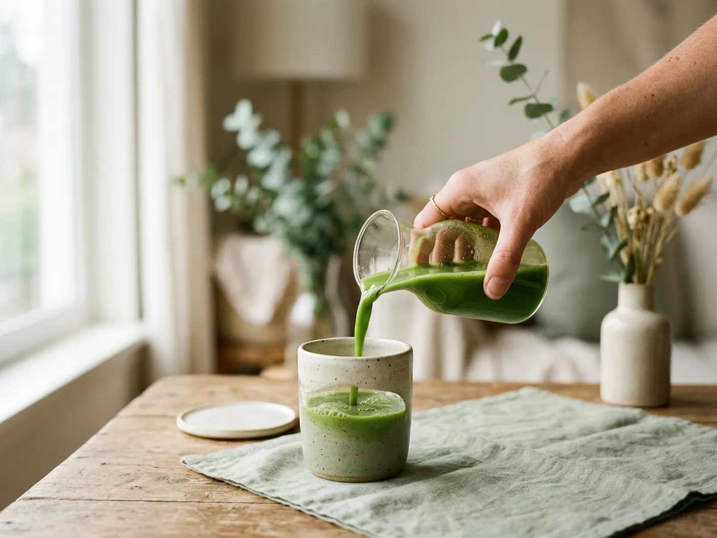 Green drink poured from a carafe into a tumbler, illustrating the AG1 vs Organifi taste comparison