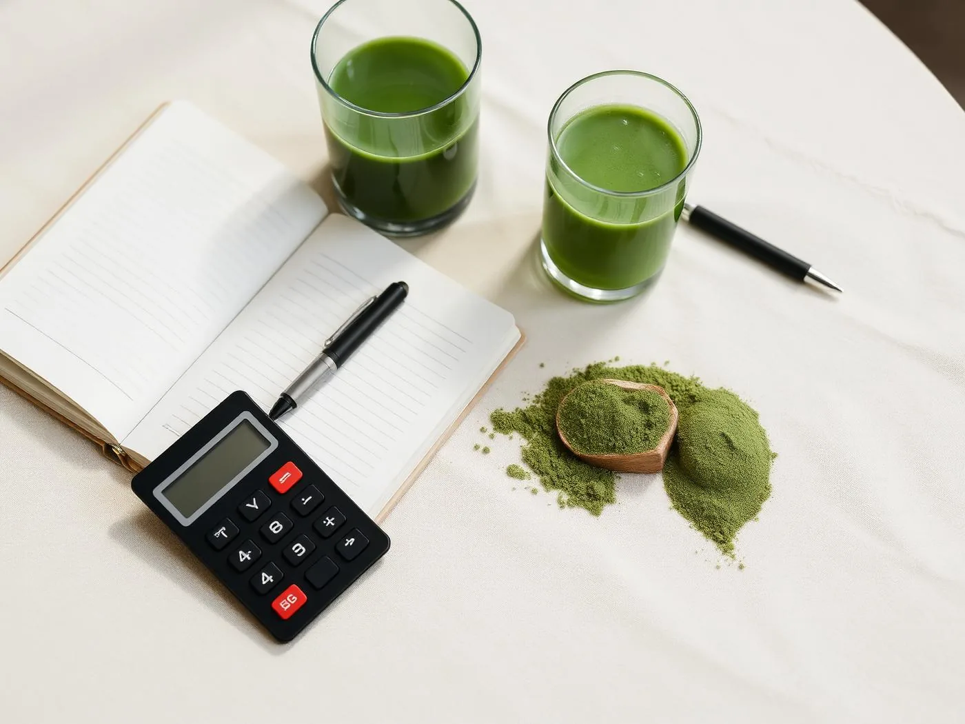 A glass of green drink next to a calculator and receipt, representing the cost-versus-benefit question for greens powders