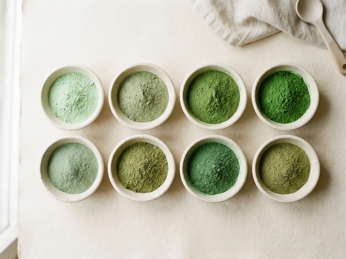Overhead grid of eight bowls of different green powders for the best greens powders of 2026 comparison
