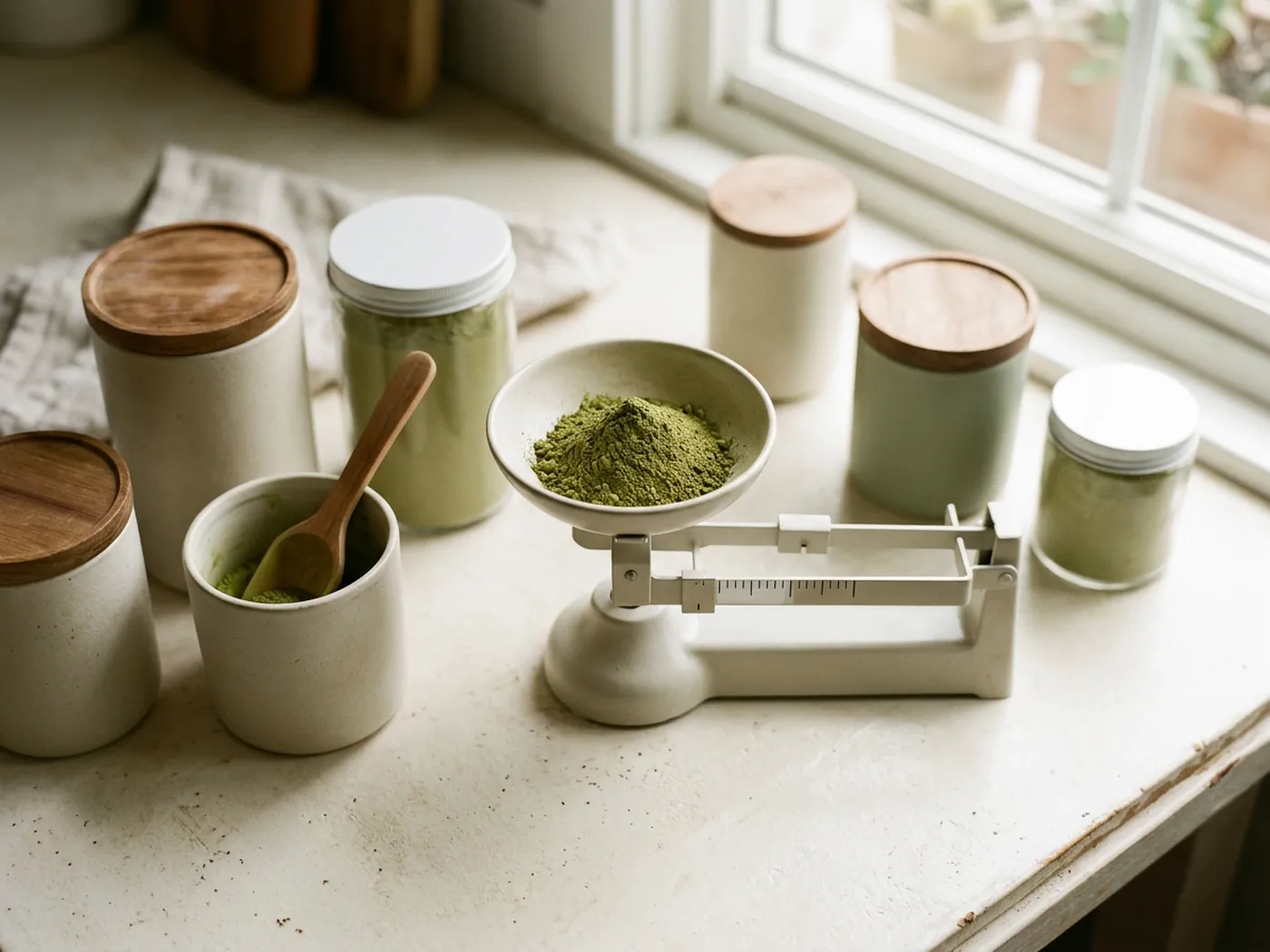 Kitchen scale weighing green powder beside plain tubs, showing how greens powder doses are compared by weight