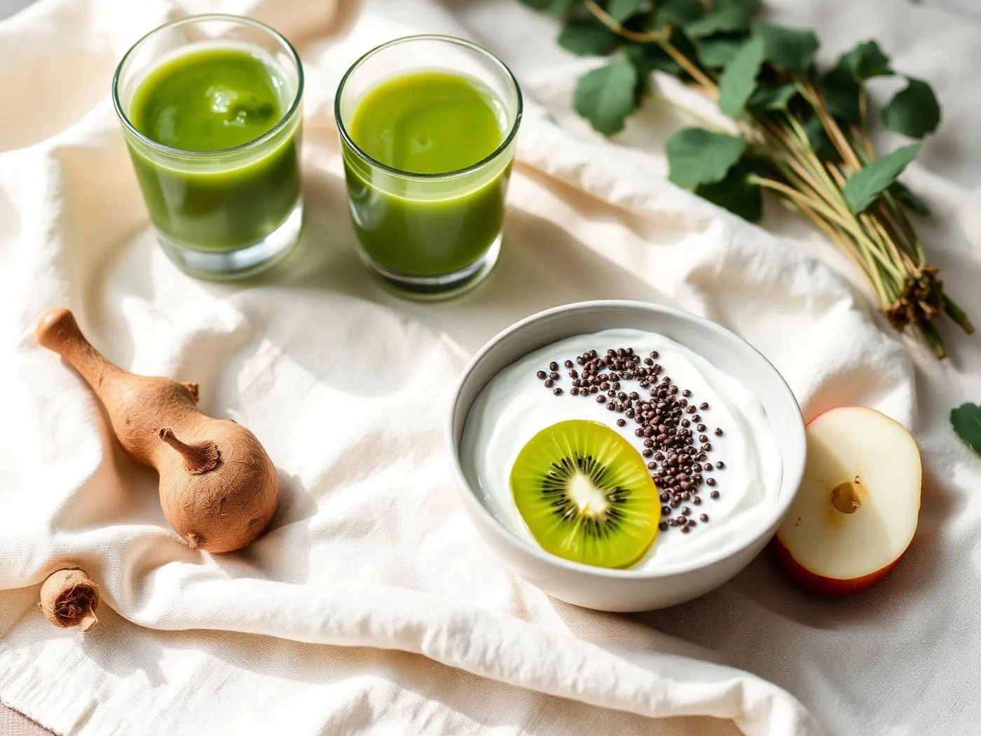 A capsule bottle and a scoop of green powder on a marble counter, representing gut-health superfood supplements