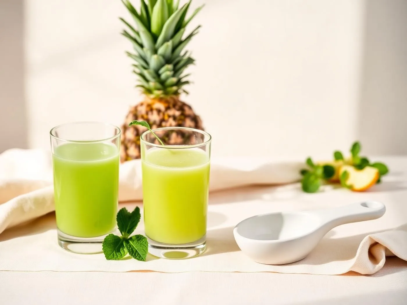 A glass of green smoothie next to a scoop of green powder on a wooden counter