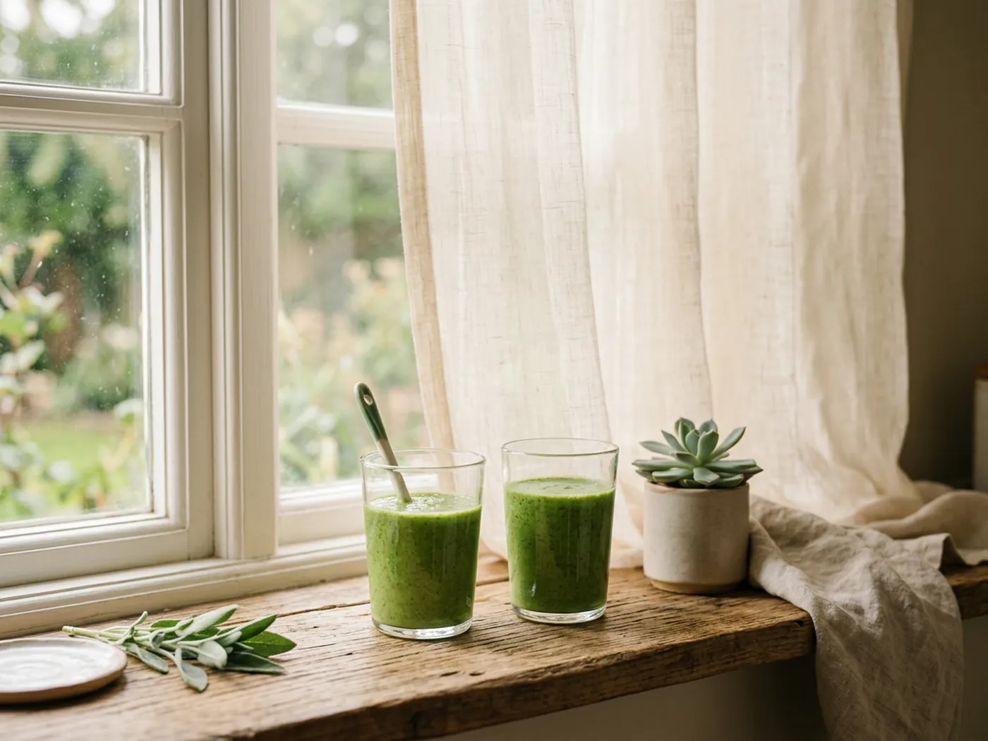 Two glasses of green drink on a sunlit windowsill representing the Bloom vs AG1 comparison