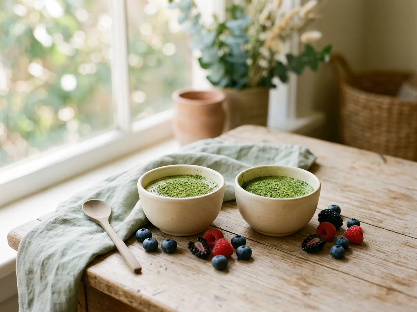 Two bowls of green powder with berries, comparing the Bloom and AG1 formulas