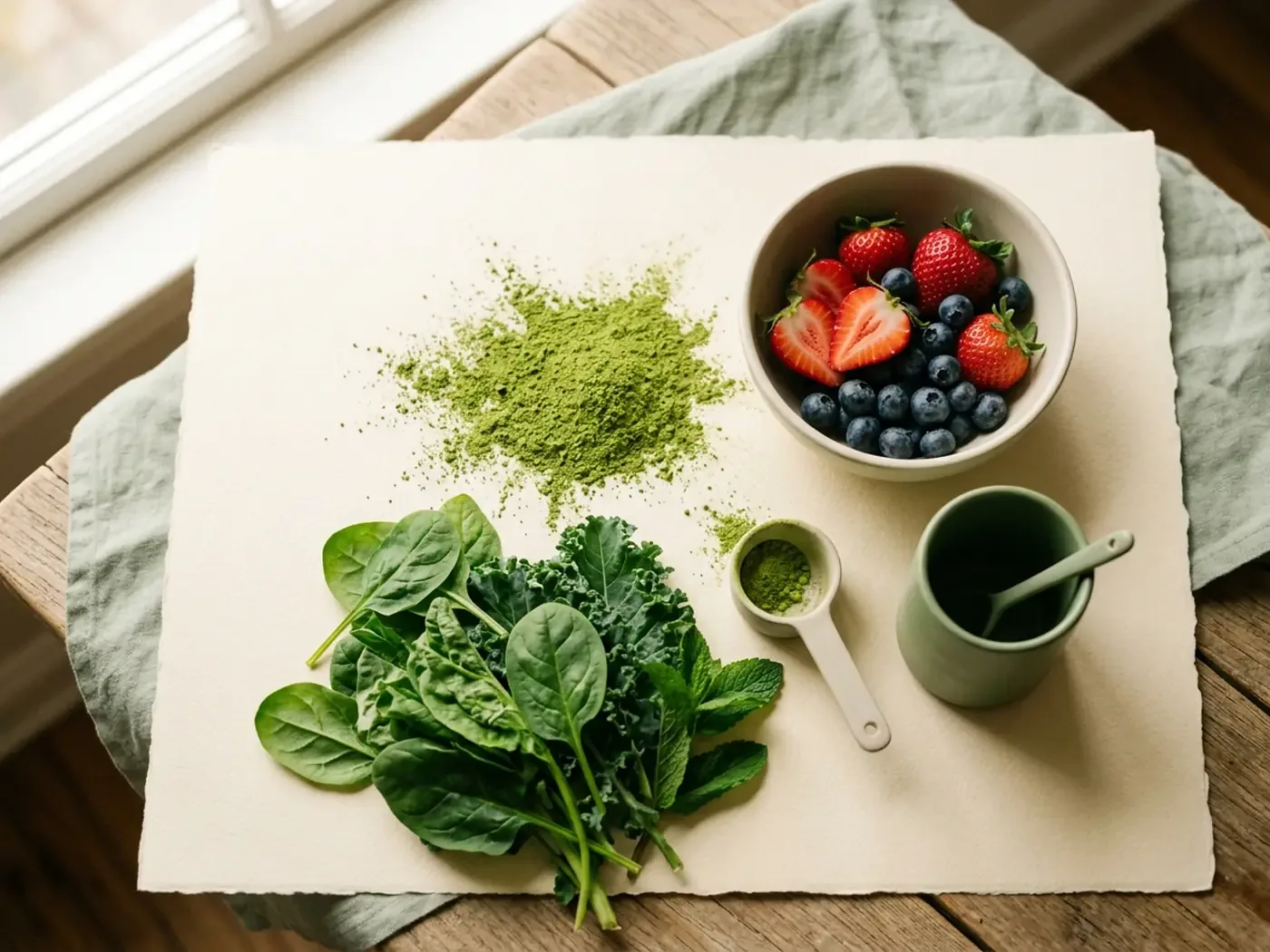 Overhead flat-lay of green powder, berries and leafy greens for the Bloom vs Amazing Grass budget comparison