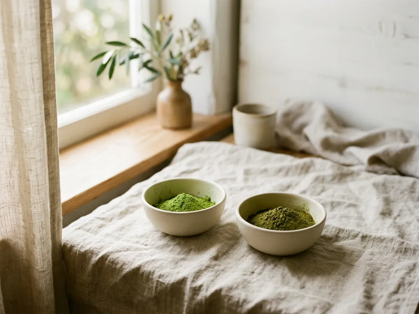 Two bowls of green powder in different shades, comparing the Bloom and Amazing Grass blends