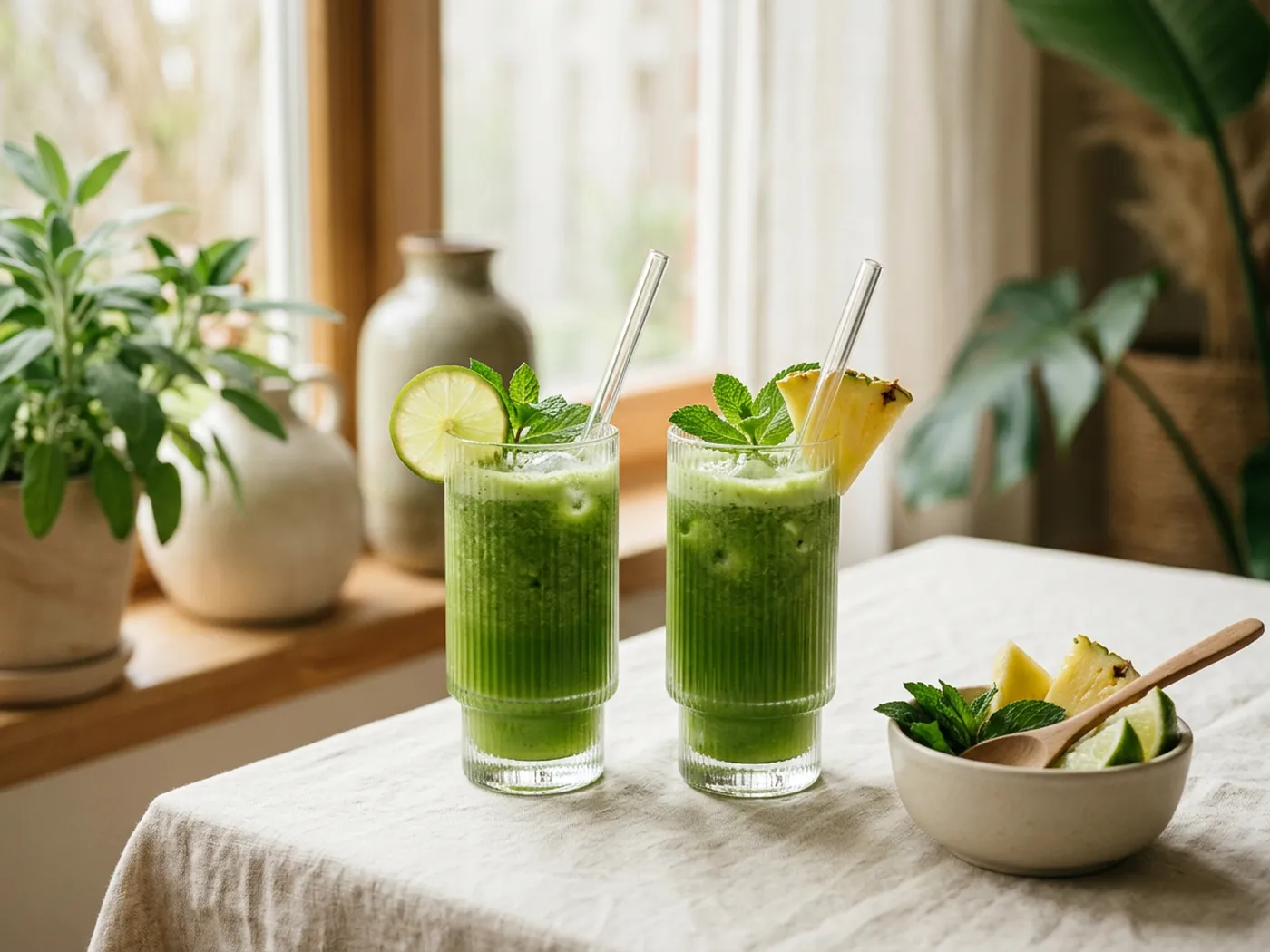 Two glasses of green drink with straws and tropical fruit for the Bloom vs Organifi comparison