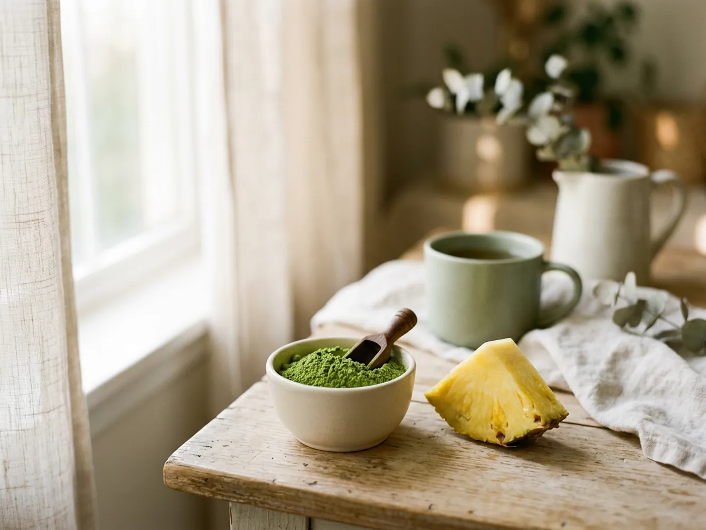 A bowl of vivid green powder with a pineapple wedge, comparing Bloom and Organifi flavour profiles