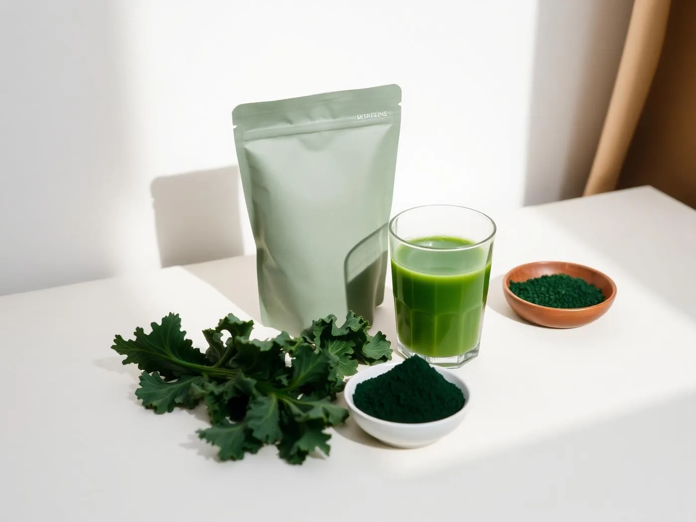 A tub of green superfood powder beside a full glass of green drink and fresh leafy vegetables on a kitchen counter
