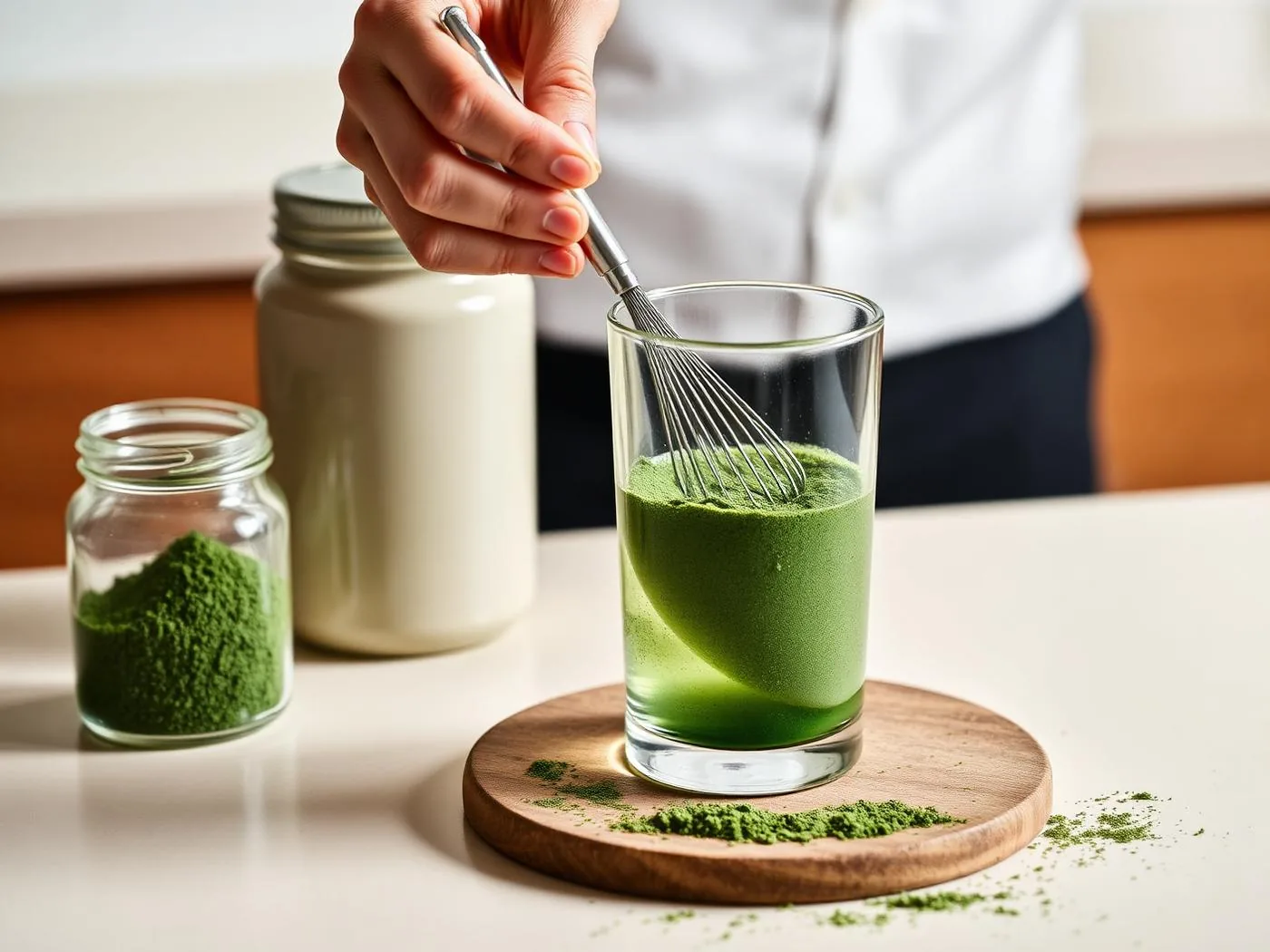 A hand holding a stainless steel scoop over an open tub of green powder, spilling a small amount onto the counter