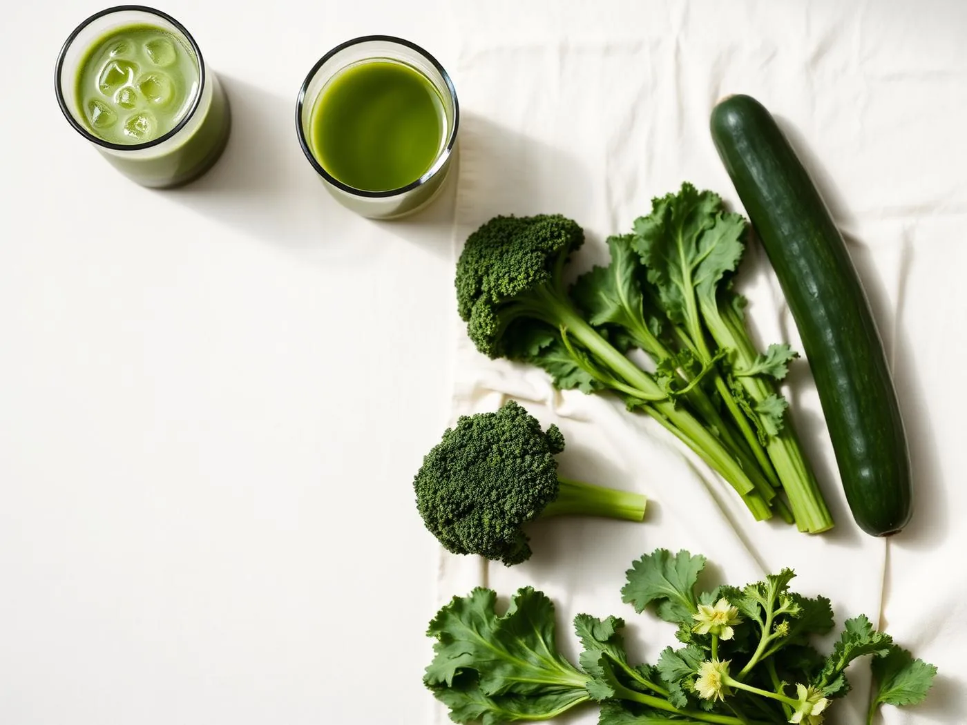 Fresh kale, broccoli and cucumber beside a glass of green drink, illustrating whether greens powders replace vegetables