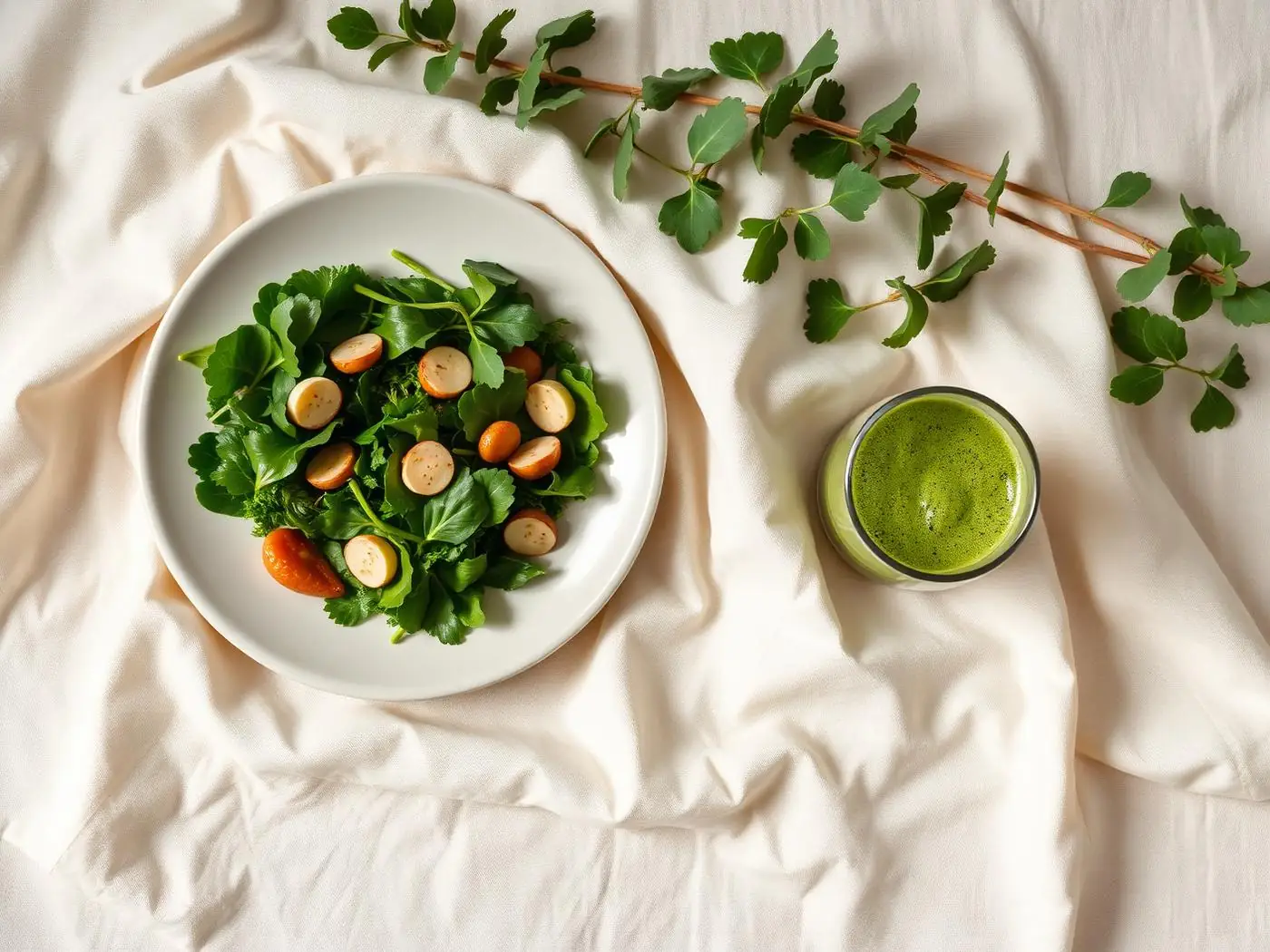 A plated leafy salad next to a small glass of greens powder drink, comparing whole vegetables and powder