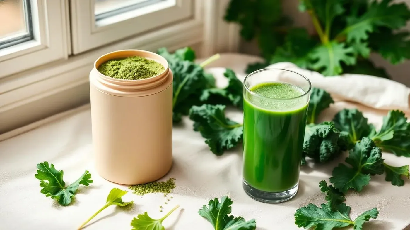 A canister of an organic fruit-and-vegetable greens powder beside a glass of green drink, illustrating a Field of Greens review