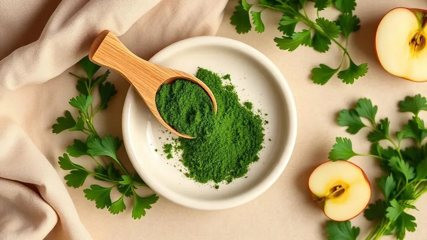 A scoop of organic fruit-and-vegetable greens powder next to fresh produce, illustrating what is in Field of Greens