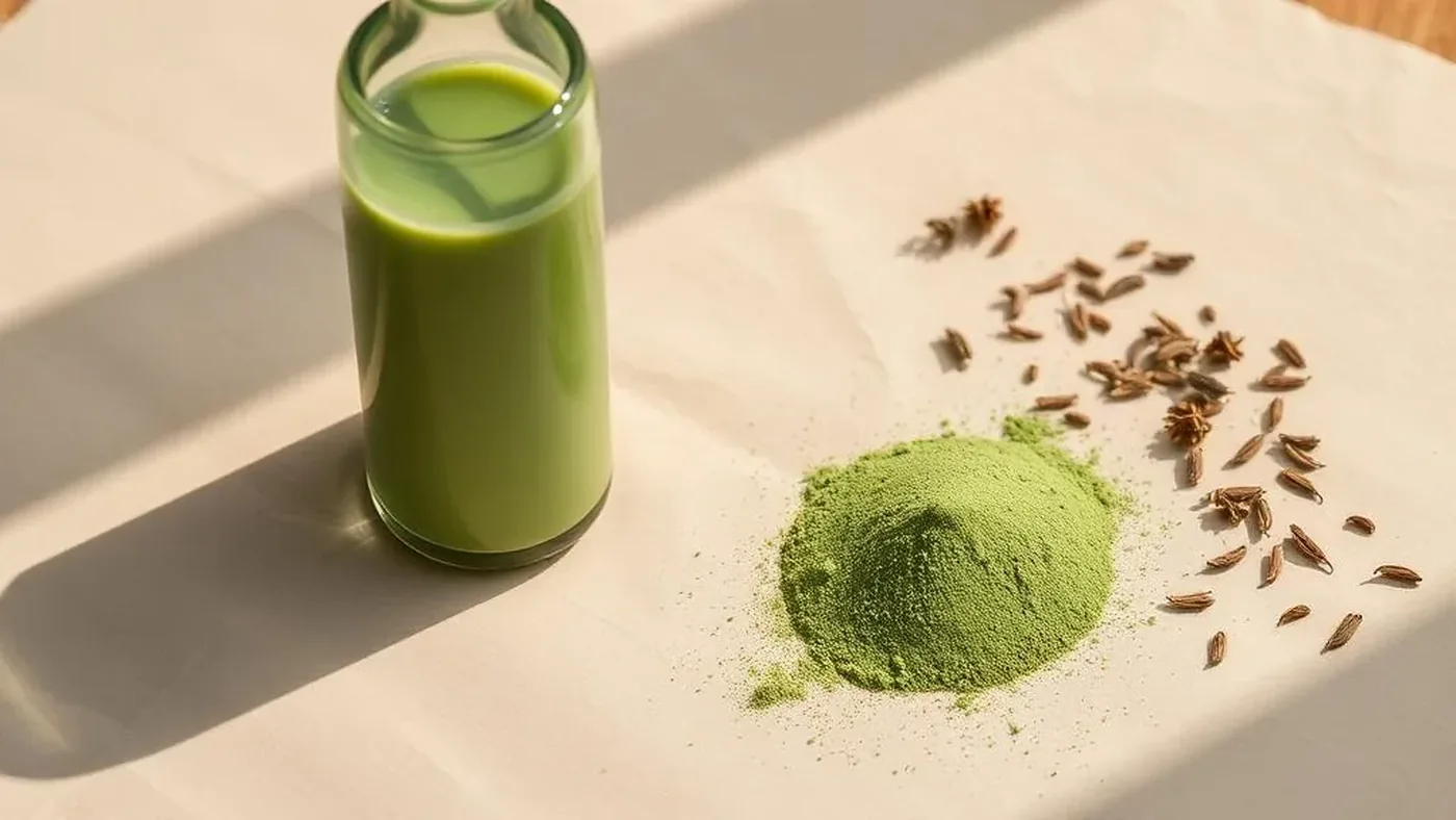 Two scoops of green powder on a cream plate, comparing Field of Greens and AG1 formulas