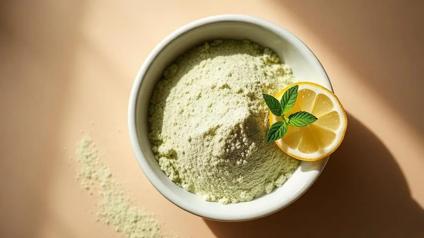 A glass of green juice next to a scoop of greens powder on a kitchen counter, comparing Field of Greens and Organifi