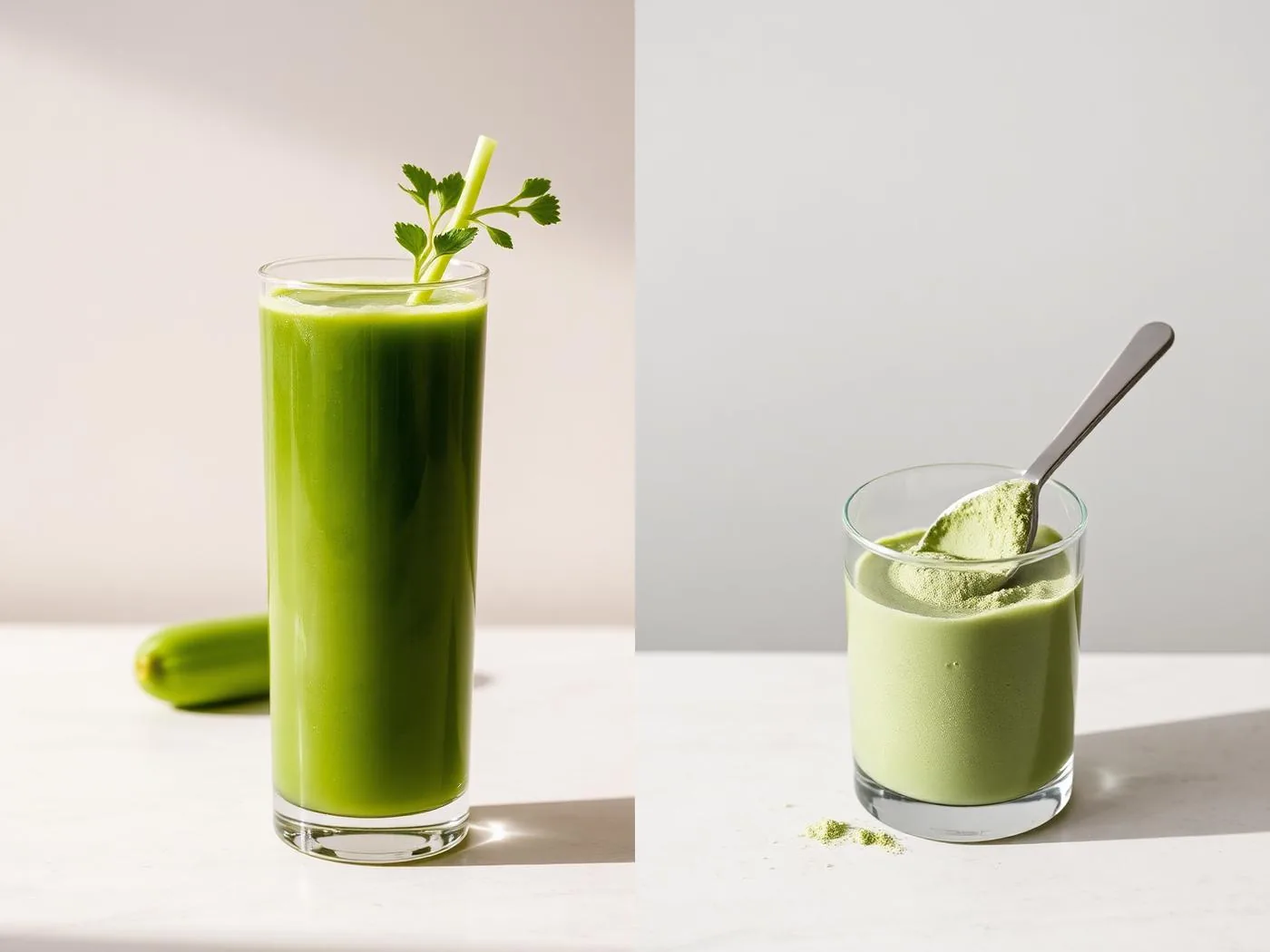 A glass of green juice next to a scoop of green powder and fresh kale, comparing juice powder to fresh juice
