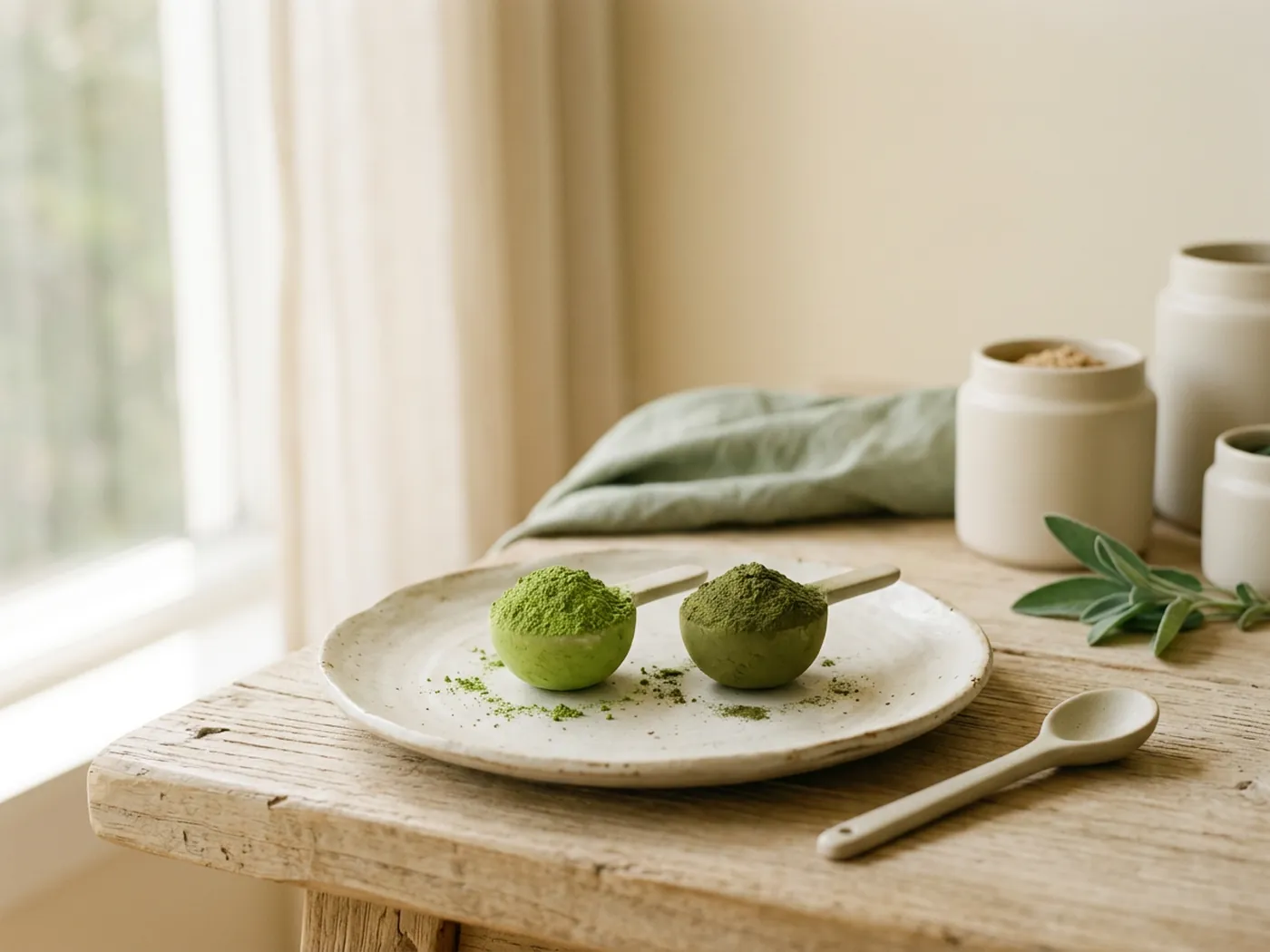 Two scoops of green powder side by side on a cream plate, comparing Greenify Daily Greens and AG1 formulas