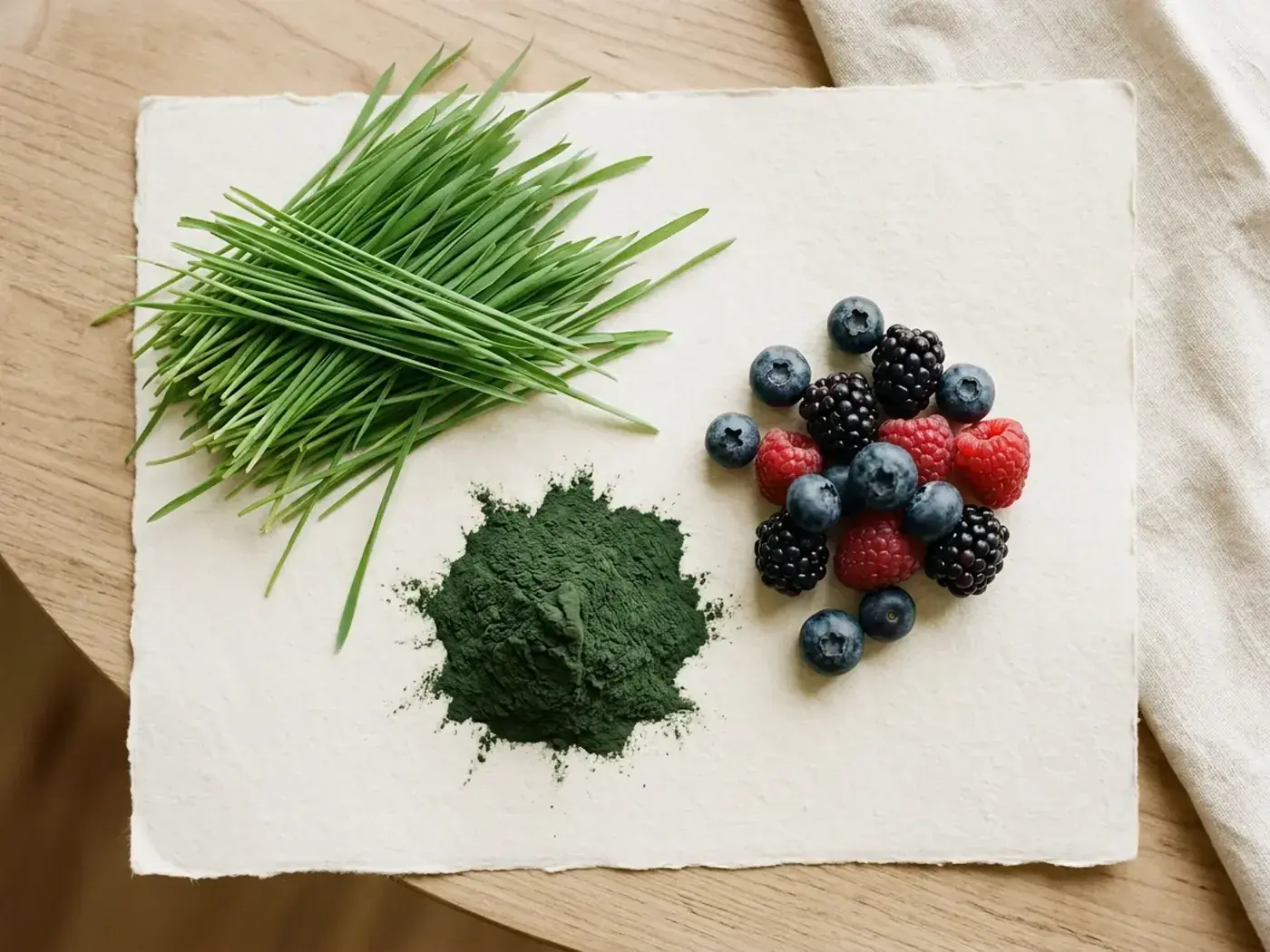 Flat-lay of wheatgrass, spirulina powder and berries for the Greenify vs Amazing Grass comparison