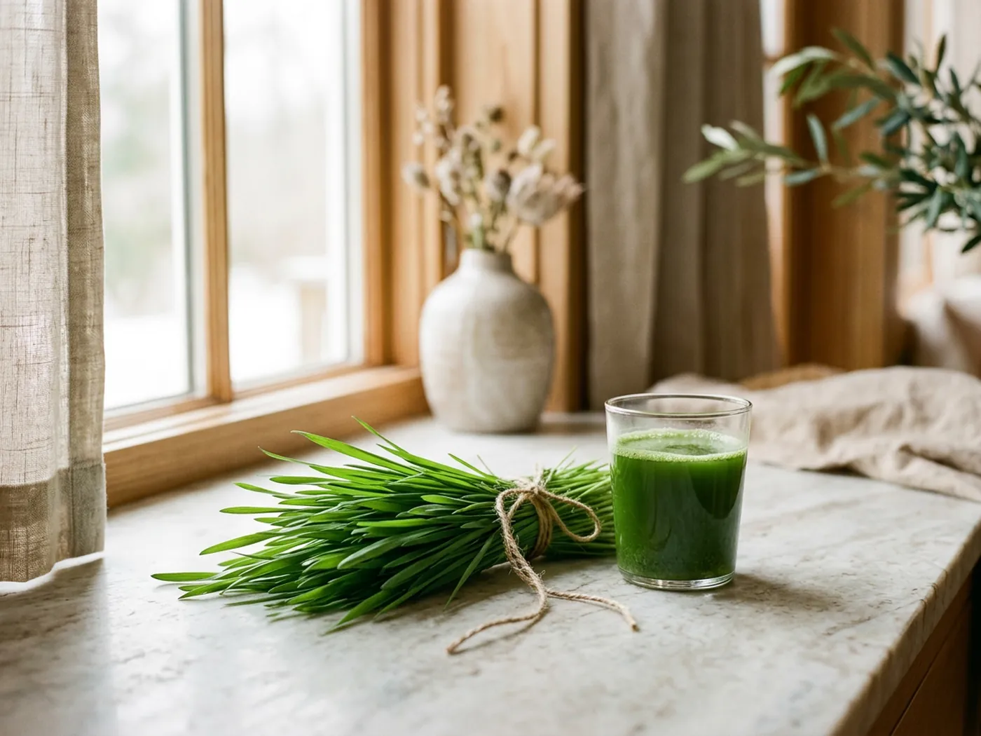 A bundle of fresh wheatgrass beside a green juice, illustrating the Greenify vs Amazing Grass ingredient base