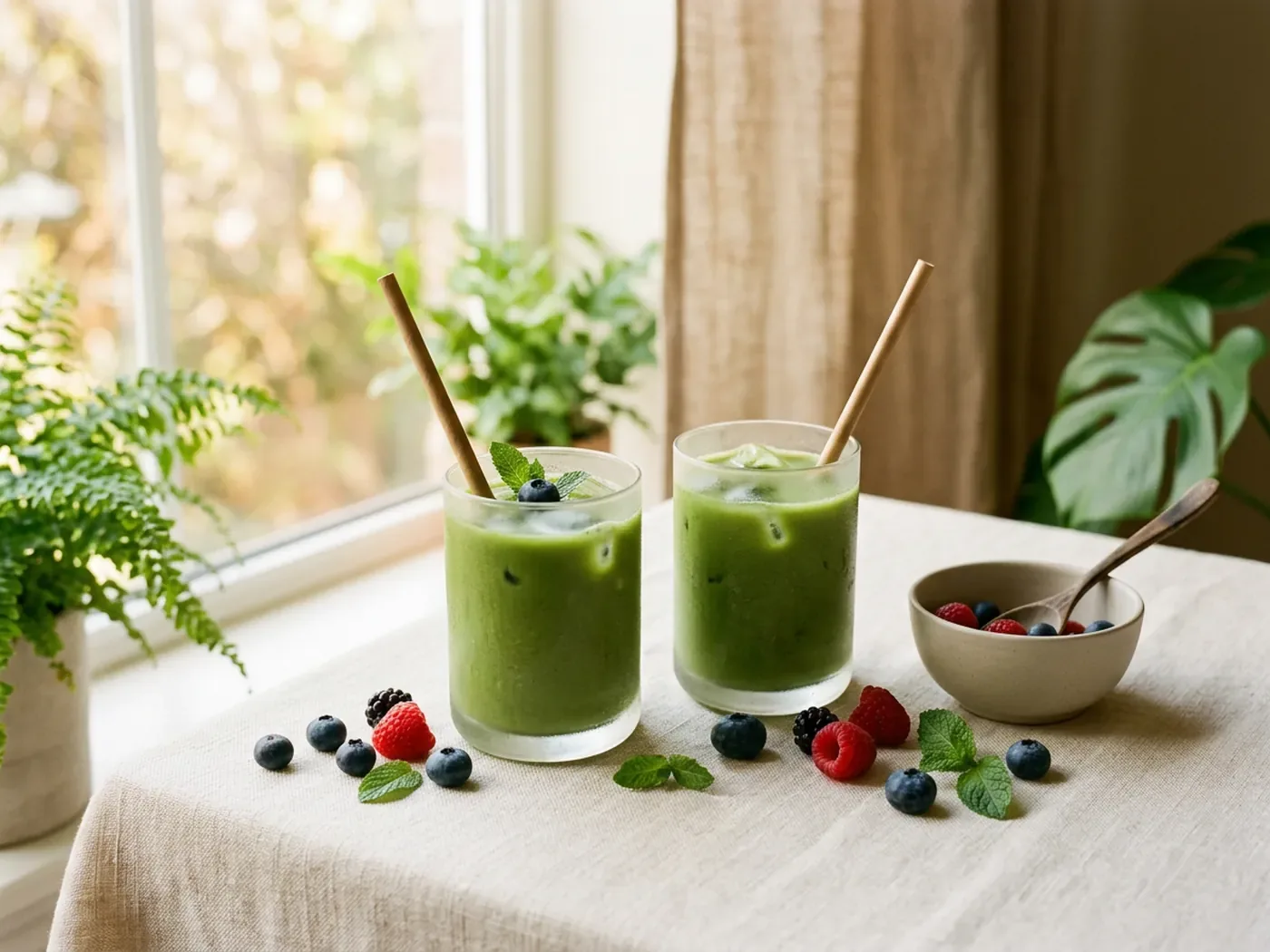 Two frosted glasses of green drink with berries representing the Greenify vs Bloom Greens comparison