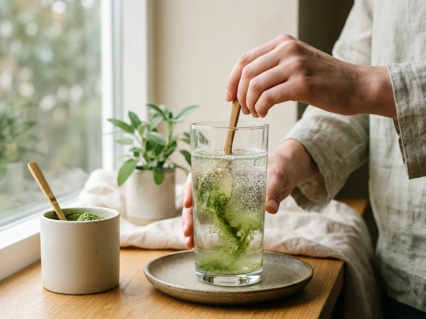 Green powder dissolving into sparkling water, comparing how Greenify and Bloom Greens mix