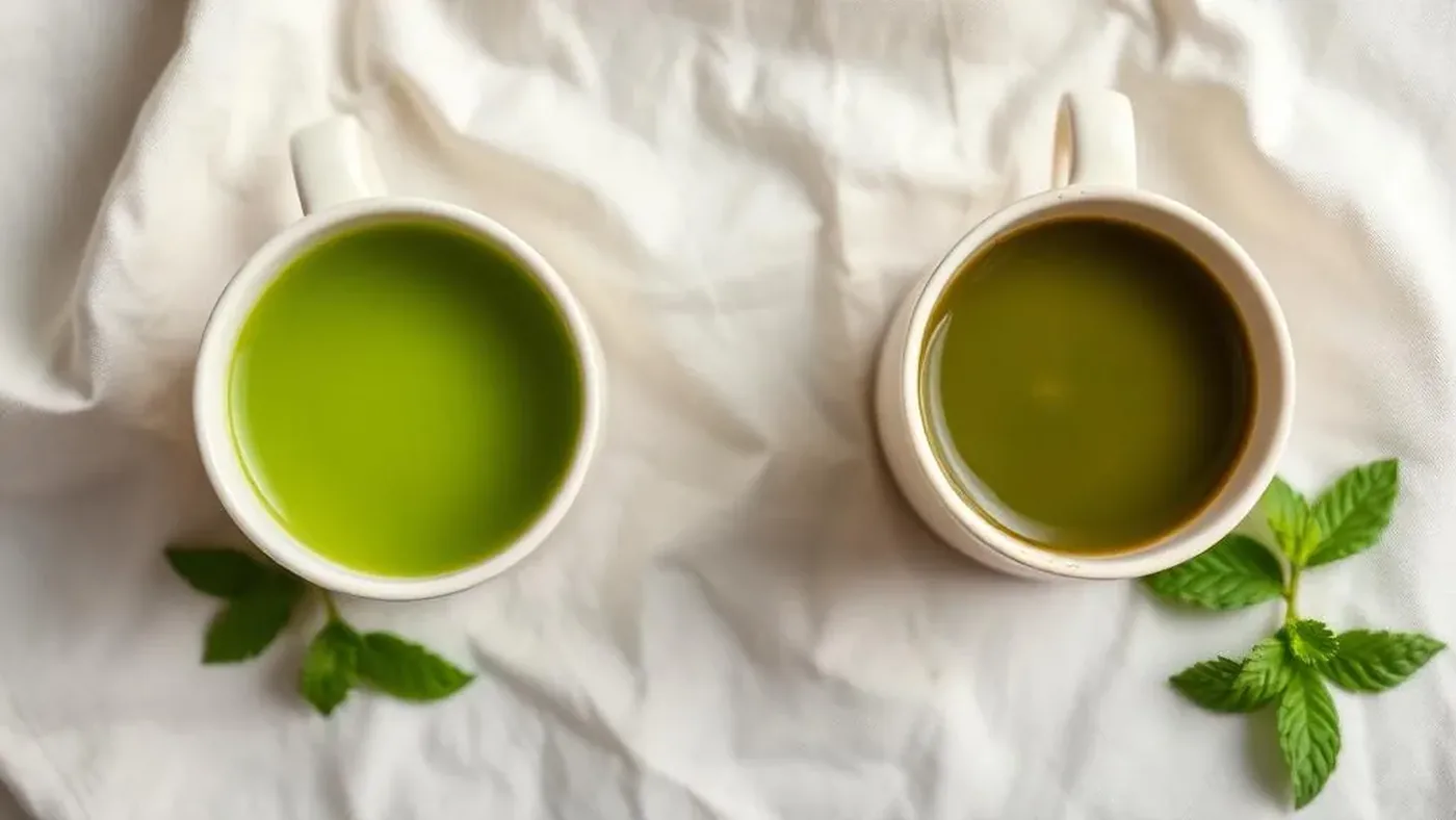 A canister of whole-food greens powder beside a scoop of green powder, comparing Daily Greens and Field of Greens formulas
