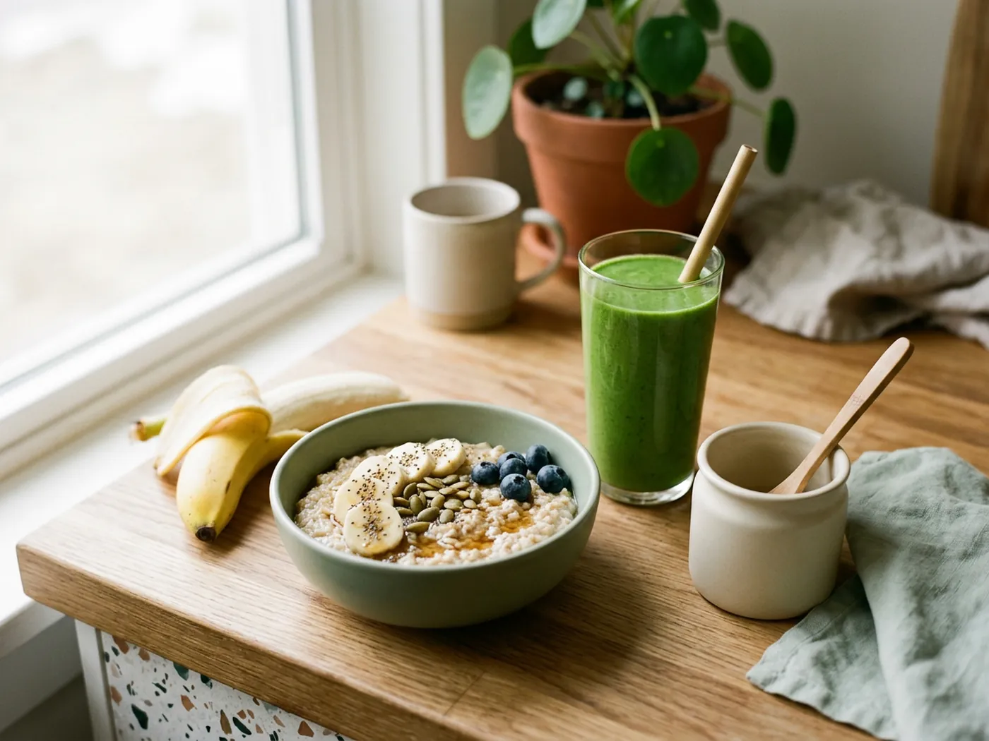 A breakfast counter with a green drink, oats and banana for the Greenify vs Huel Daily Greens comparison