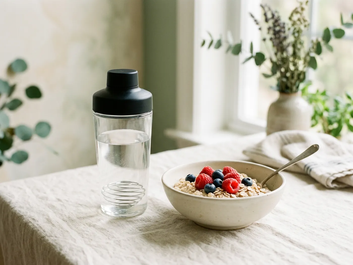 A shaker bottle beside a bowl of oats and berries, comparing Greenify and Huel Daily Greens routines