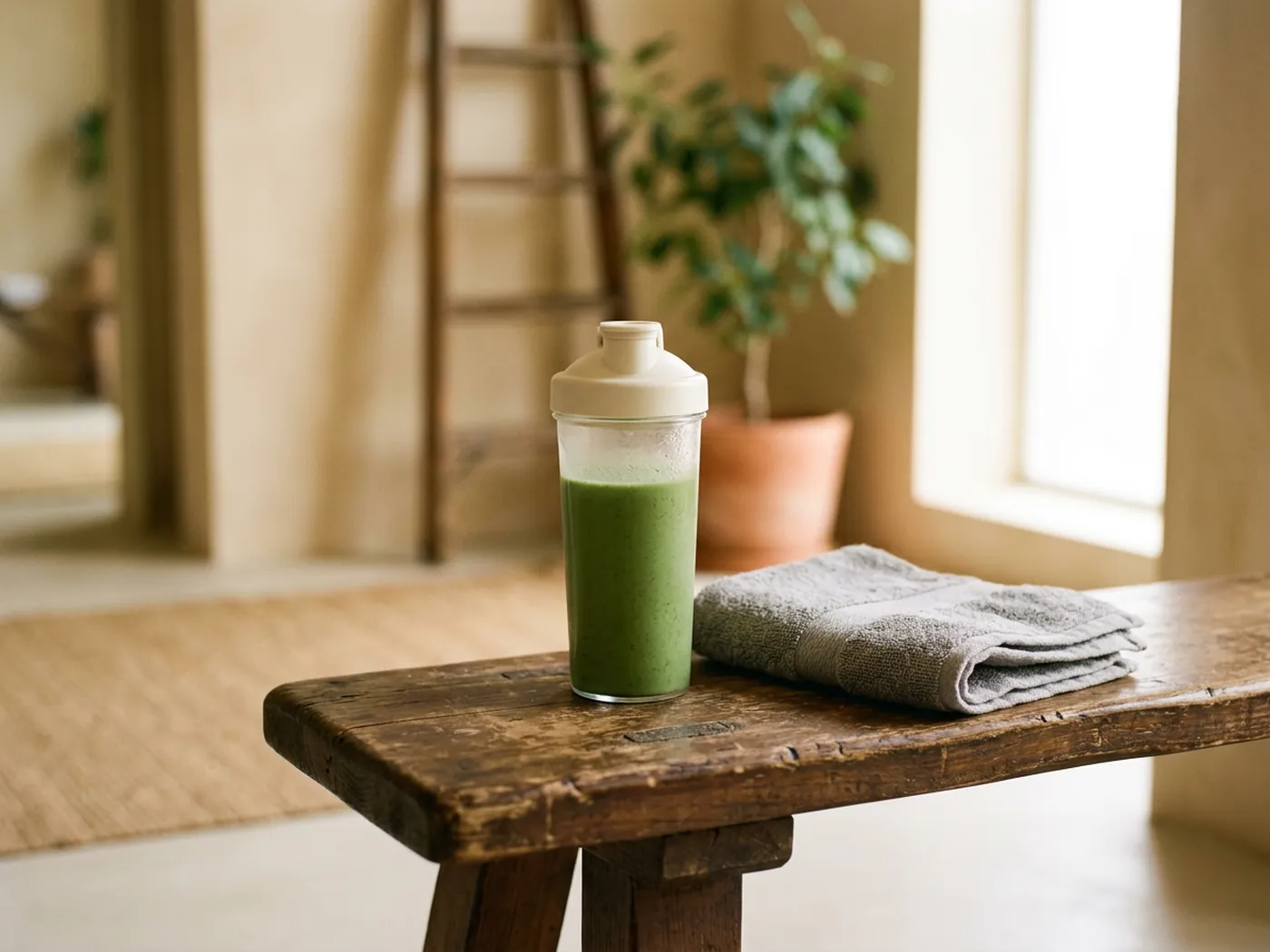 A shaker bottle of greens on a wooden gym bench for the Greenify vs Jocko Greens comparison