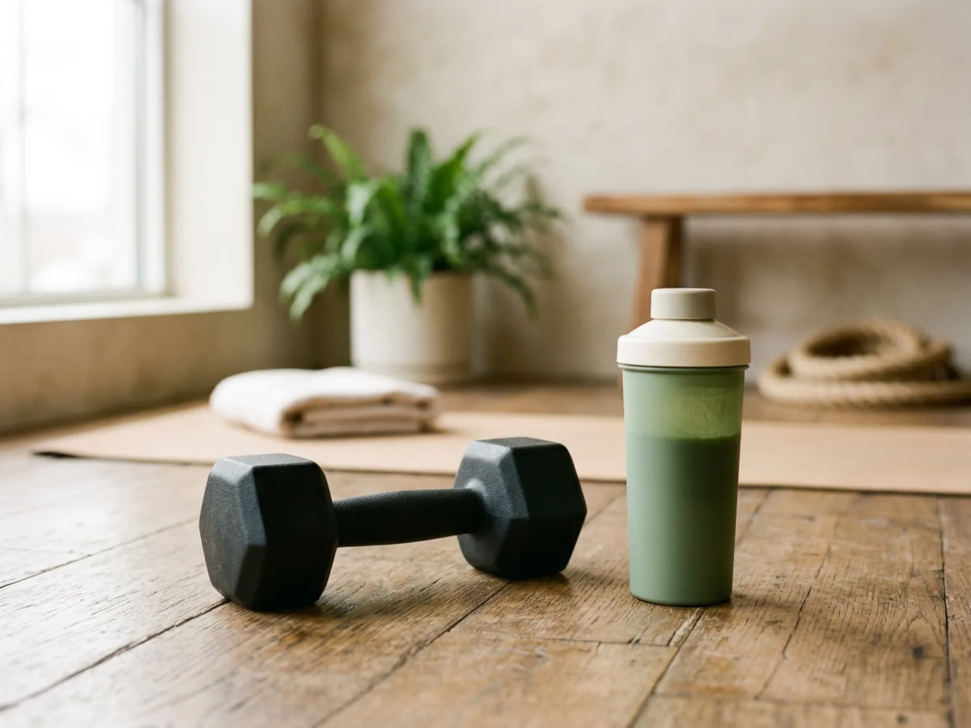 A dumbbell beside a shaker of green drink, illustrating the athlete focus in Greenify vs Jocko Greens