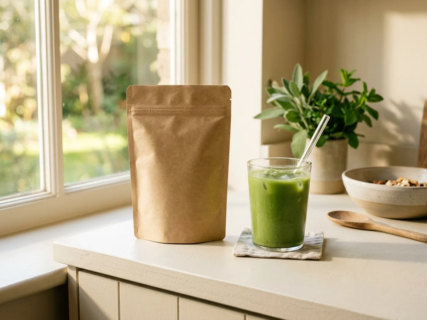 A plain pouch and a glass of green drink on a cream counter for the Greenify vs Live it Up Super Greens comparison